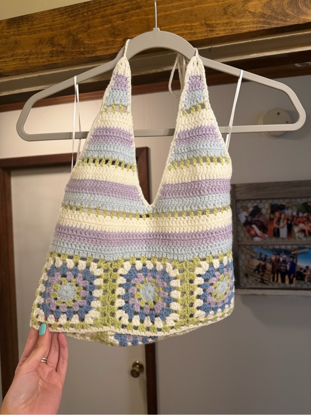 Handmade Crochet Halter Top in Cream, Lavender & Light Blue